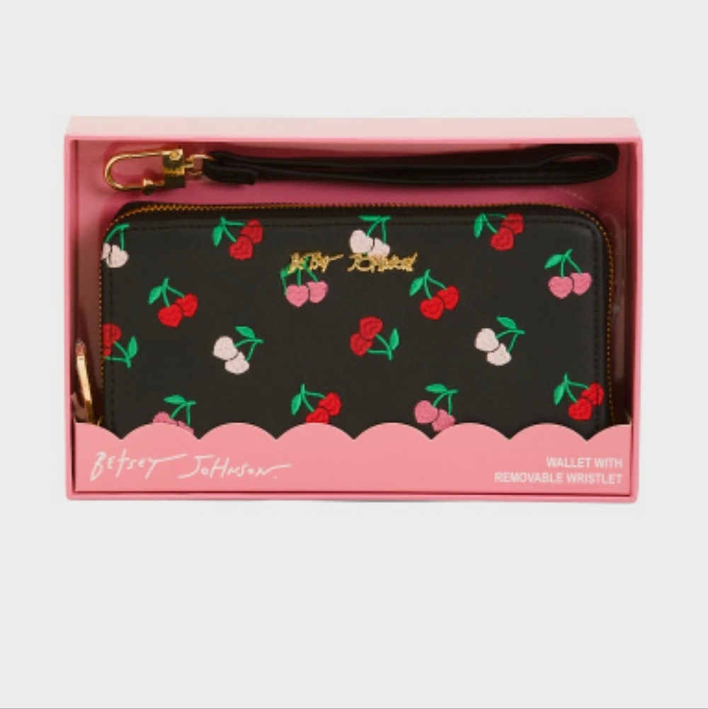 Betsey Johnson Boxed Cherries Embroidered Zip Around Wallet